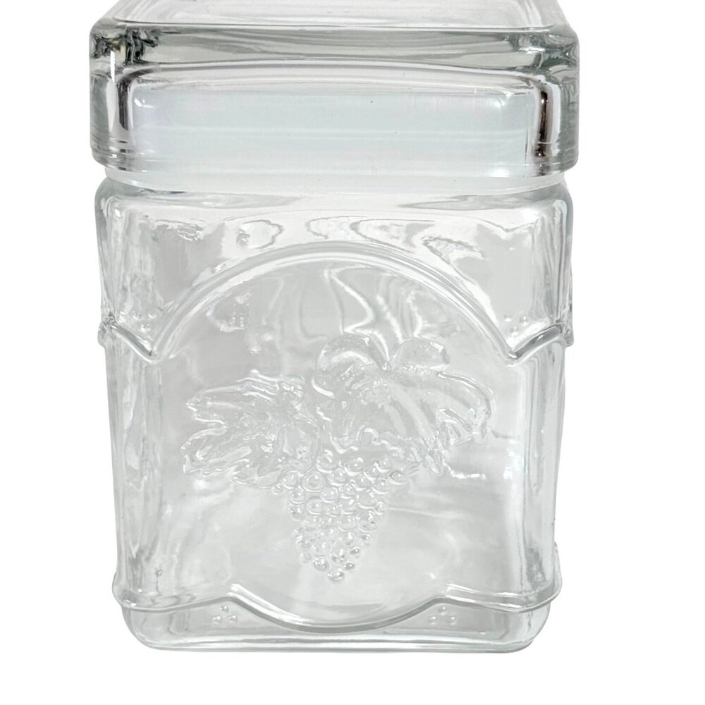 Square Clear Glass Jar Embossed Fruit Design Airtight Lid Storage Decoration